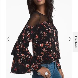 NWOT WHBM Floral print / mesh dot / blouse tiered bell sleeves stretch Small